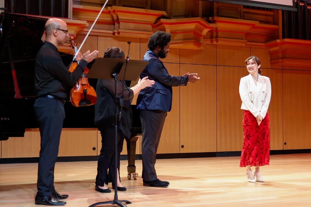 Dashon Burton, David Samuel, Sun-A Park, and Daixuan Ai on stage at the premiere, Turner Hall, Blair School of Music
